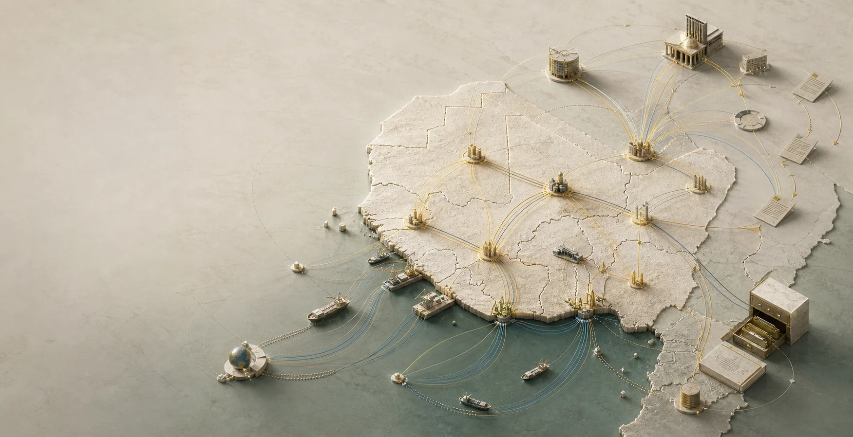 Abstract map of West Africa with finance flows, documents and institutions