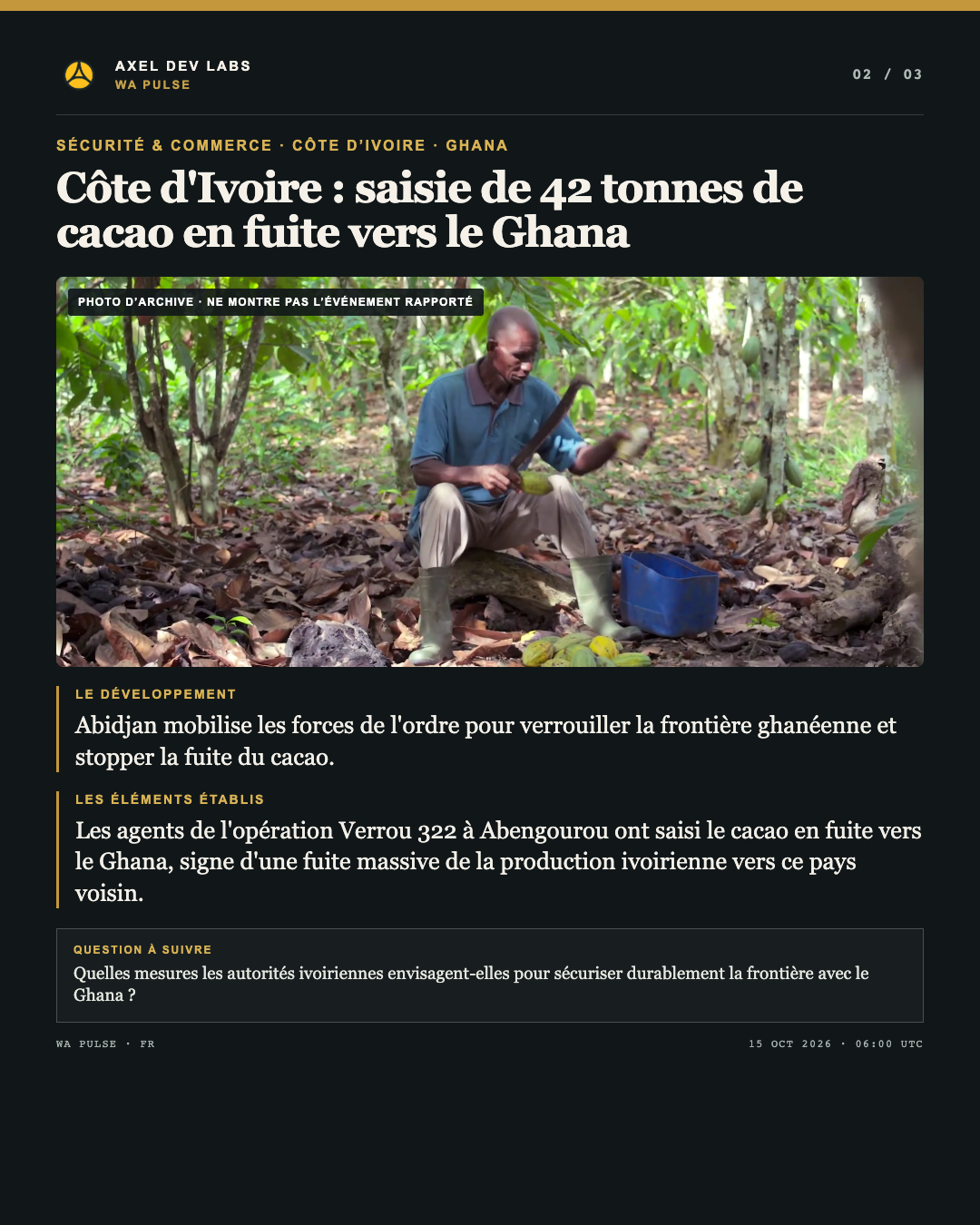 Côte d'Ivoire : saisie de 42 tonnes de cacao en fuite vers le Ghana
