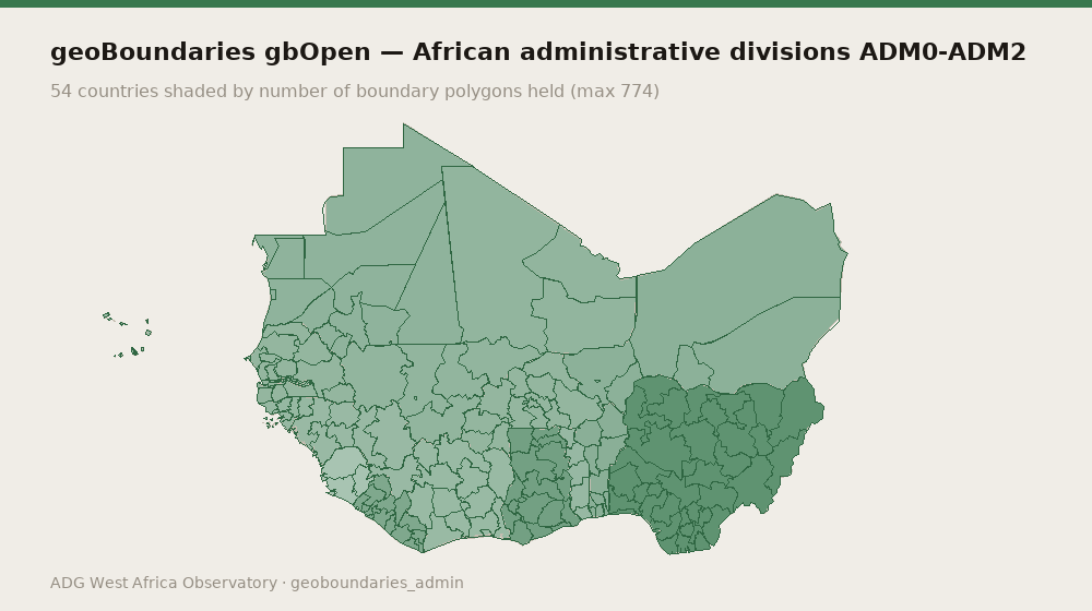 geoBoundaries gbOpen — African administrative divisions ADM0-ADM2 — 54 countries shaded by number of boundary polygons held (max 774)