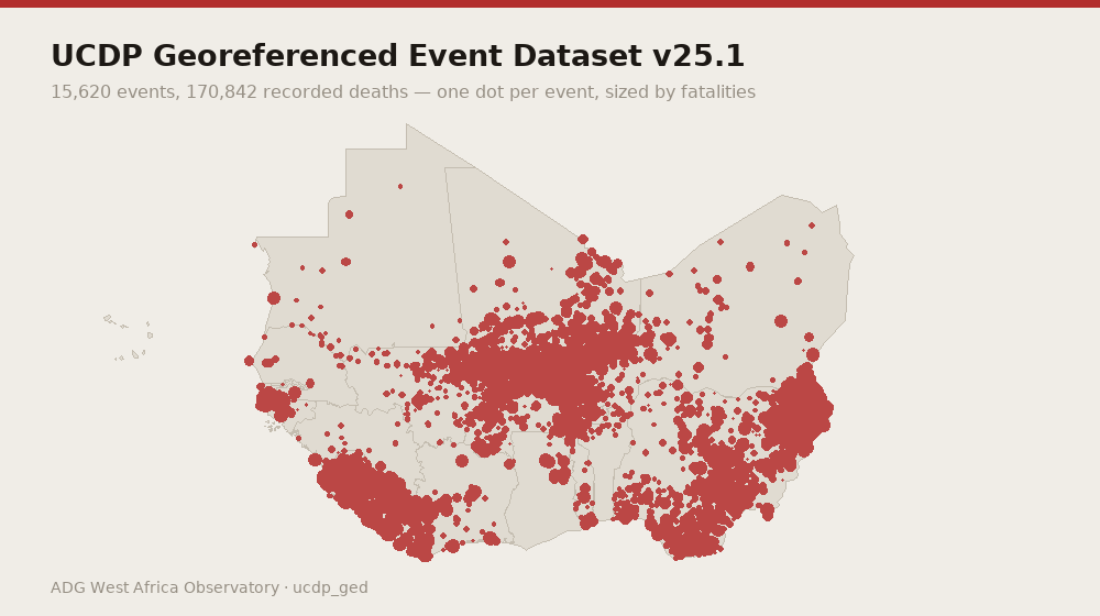 UCDP Georeferenced Event Dataset v25.1 — 15,620 events, 170,842 recorded deaths — one dot per event, sized by fatalities